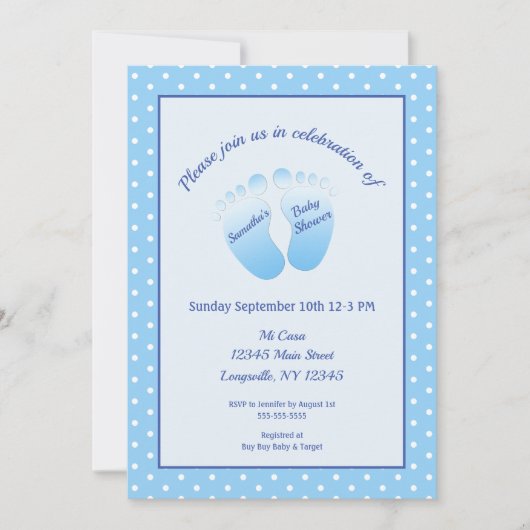 Baby Boy Blue Feet Babydusche Polka Dot Einladung (Vorderseite)