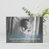 Baby Boy Blue Foto Begrüßung der Geburt Einladung (Stehend Vorderseite)