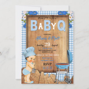 Baby Boy Blue Gingham Holz Blumen Baby Q Barbecue Einladung