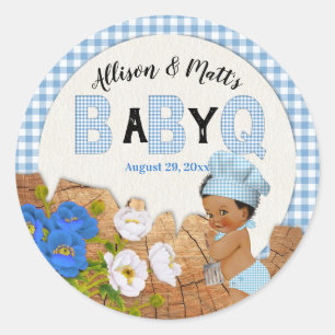 Baby Boy Blue Gingham Holz Floral Baby Q BBQ Klass Runder Aufkleber