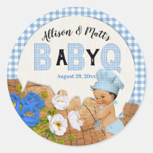 Baby Boy Blue Gingham Holz Floral Baby Q BBQ Runder Aufkleber