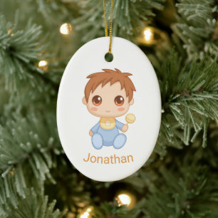 Baby Boy Blue Jumpsuit, Individuelle Name und Foto Keramik Ornament