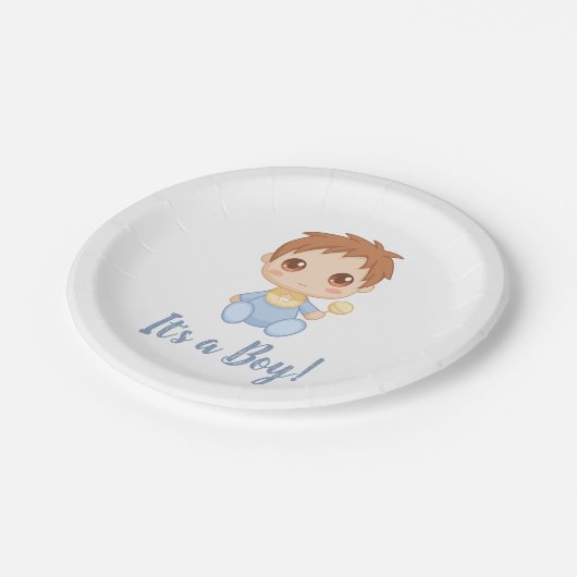 Baby Boy Blue Jumpsuit Pappteller (Schrägansicht)