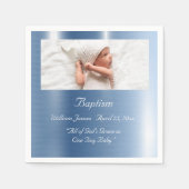 Baby Boy Blue Metallic Foto Typografie Taufe Serviette (Vorderseite)