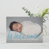 Baby Boy Blue One Foto Begrüßung der Geburt Einladung (Stehend Vorderseite)