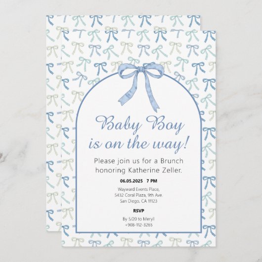 Baby Boy Blue Ribbon Bow Babydusche Einladung (Vorne/Hinten)