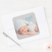Baby Boy Blue Script Foto Birth Keepake Quadratischer Aufkleber (Umschlag)