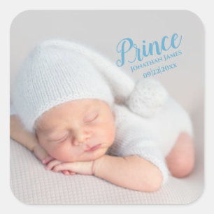 Baby Boy Blue Script Foto Birth Keepake Quadratischer Aufkleber