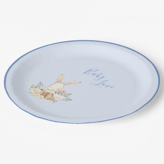 Baby Boy Blue Script Niedlich Adorable Baby Dusche Pappteller (Schrägansicht)