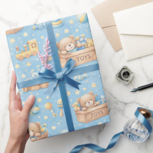 Baby Boy Blue Spielzeugkiste Teddybär Zug Geschenkpapier