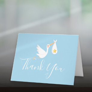 Baby Boy Blue Stork Gold Star Script Danke Karte