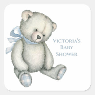 Baby Boy Blue Teddy Bär Wasserfarbe Babyparty Quadratischer Aufkleber