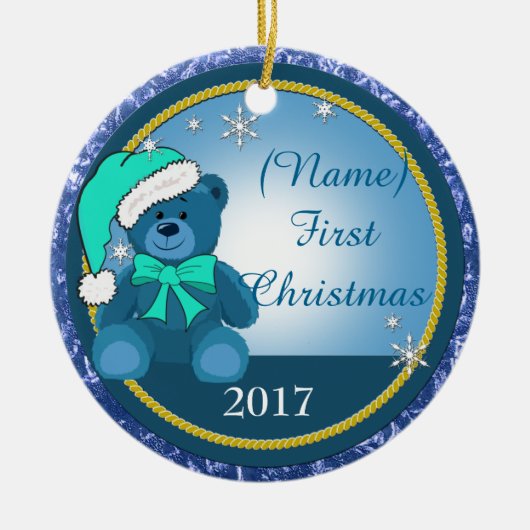 Baby Boy Blue Teddy Bear Personalisiert Weihnachte Keramik Ornament (Vorne)