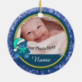 Baby Boy Blue Teddy Bear Personalisiert Weihnachte Keramik Ornament (Hinten)