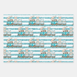BABY BOY BLUE TRAINS BLOCKS CARS STARS GESCHENKPAPIER SET