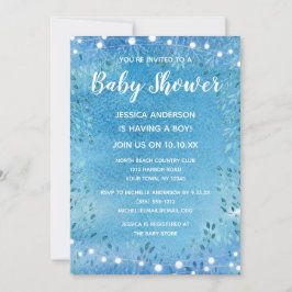 Baby Boy Blue Watercolor String Lights Babydusche Einladung