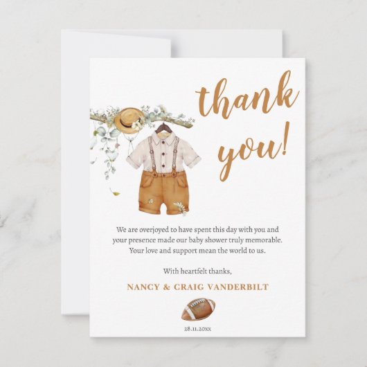 Baby Boy Boho Football Watercolor Babydusche Dankeskarte (Vorderseite)