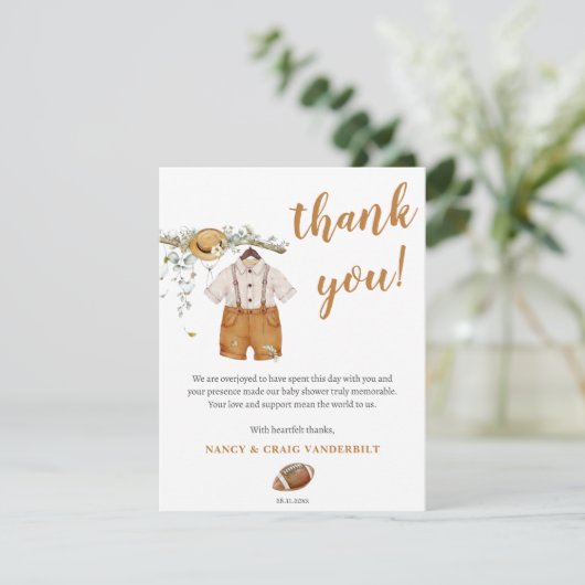 Baby Boy Boho Football Watercolor Babydusche Dankeskarte (Stehend Vorderseite)