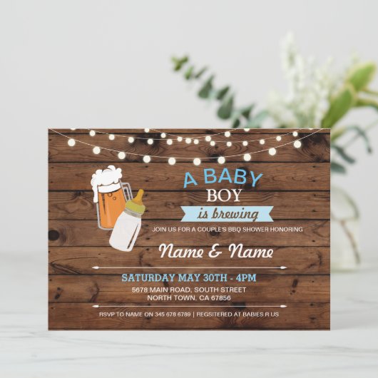 Baby Boy Brewing Dusche Bier Blue Wood Einladung (Stehend Vorderseite)