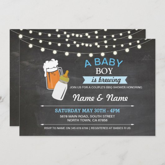 Baby Boy Brewing Shower Bers Blue Chalk Einladung (Vorne/Hinten)