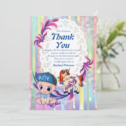 Baby Boy Bubbles & Unicorns Dankeschön Karte (Stehend Vorderseite)