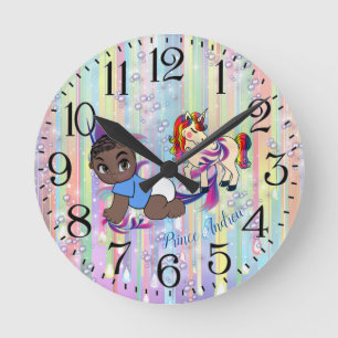 Baby Boy Bubbles & Unicorns Runde Wanduhr