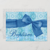 Baby Boy Christening Blue Damask Imitate Bow Einladung (Vorne/Hinten)
