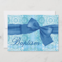 Baby Boy Christening Blue Damask Imitate Bow Einladung
