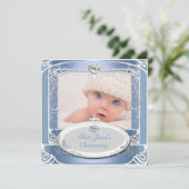 Baby Boy Christening Taufe Blau Weiß Einladung (Stehend Vorderseite)