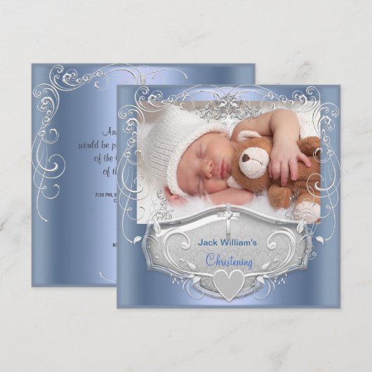 Baby Boy Christening Taufe Blue Silver Cross Einladung (Vorne/Hinten)