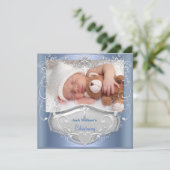 Baby Boy Christening Taufe Blue Silver Cross Einladung (Stehend Vorderseite)