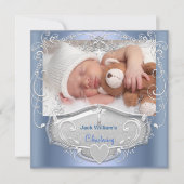 Baby Boy Christening Taufe Blue Silver Cross Einladung (Vorderseite)