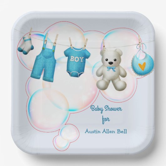 Baby Boy Clothesline in Blau Pappteller (Vorderseite)