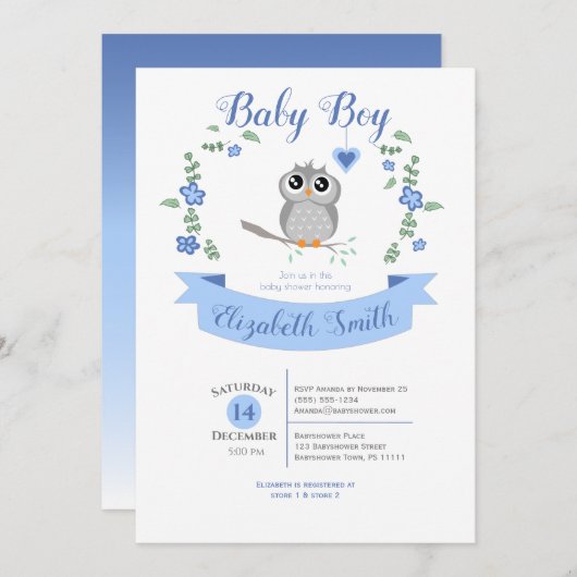 Baby Boy Cute owl babyshower Einladung (Vorne/Hinten)