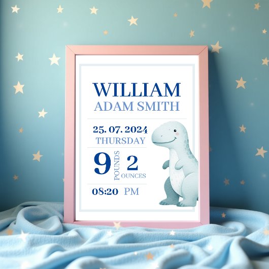 Baby Boy Dinosaur Personalisierte Geburtsankündigu Poster