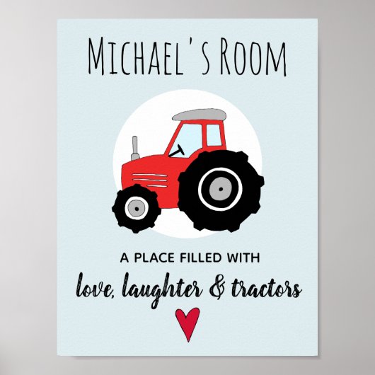 Baby Boy Doodle Red Farm Traktor und Name Kinderzi Poster (Vorne)