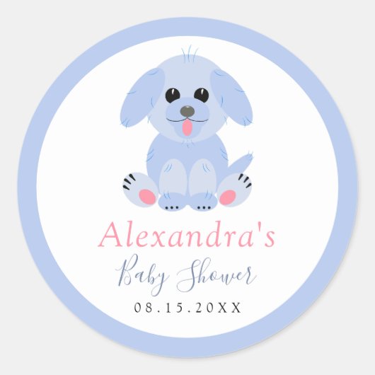 Baby Boy Dusche Blue Puppy Personalisiert Runder Aufkleber (Vorderseite)