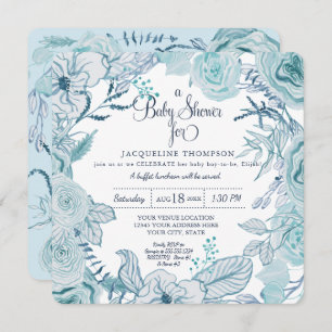 Baby Boy Dusche Blue Watercolor Blumenfoliage Einladung