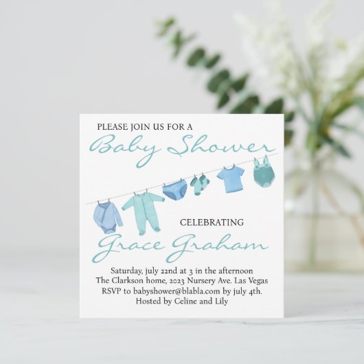 Baby Boy Dusche Einladung Kleidung on line (Stehend Vorderseite)