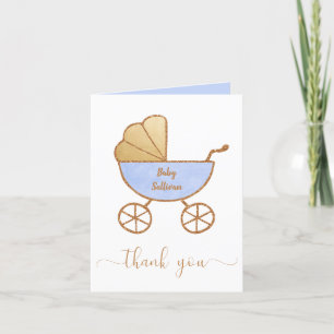Baby Boy Dusche Retro Carriage Blue Gold Dankeskarte