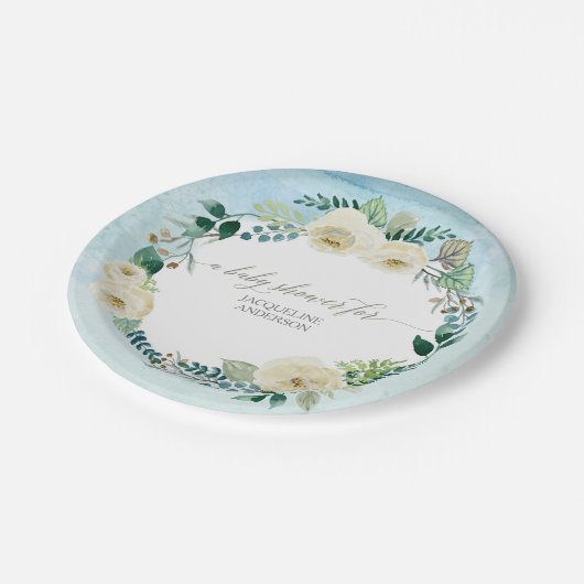 Baby Boy Dusche Rustikale Kleider Blau Elfenbeinkü Pappteller (Schrägansicht)