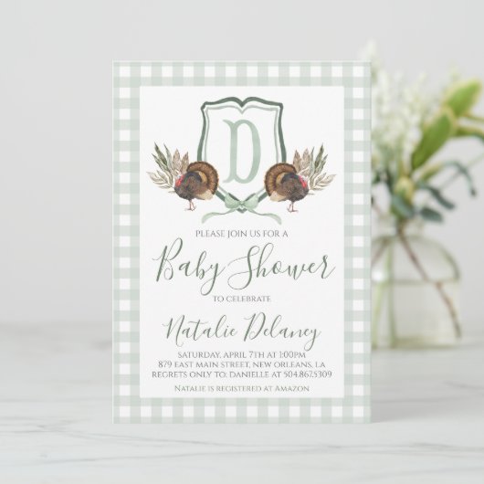 Baby Boy Dusche Türkei South Green Gingham Einladung (Stehend Vorderseite)