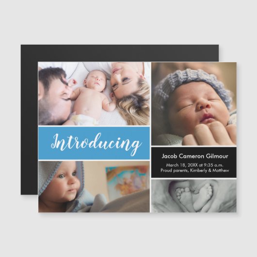 Baby Boy Einführung Skript-Foto Collage Magneteinladung (Vorne/Hinten)