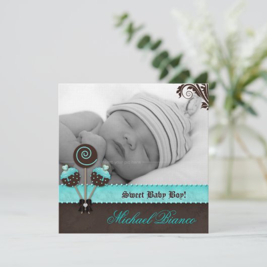 Baby Boy Einladung Ankündigung Cake Pop Blue (Stehend Vorderseite)
