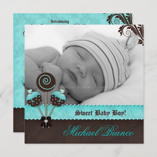 Baby Boy Einladung Ankündigung Cake Pop Blue (Vorne/Hinten)