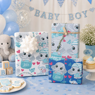Baby Boy Elefant Süß Blau Baby-Party Taufe Geschenkpapier Set