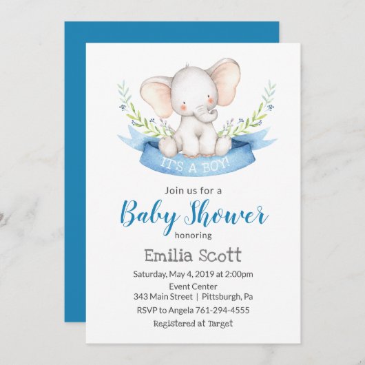 Baby Boy Elephant Baby Shower Einladungen (Vorne/Hinten)