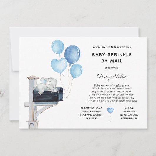 Baby Boy Elephant Baby Sprinkle by Mail Einladung (Vorderseite)