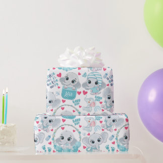 Baby Boy Elephant Cute Blue Baby Shower Baptism  Geschenkpapier