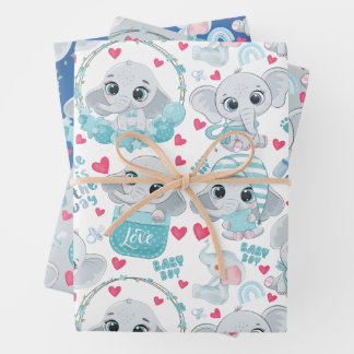 Baby Boy Elephant Cute Blue Baby Shower Baptism  Geschenkpapier Set